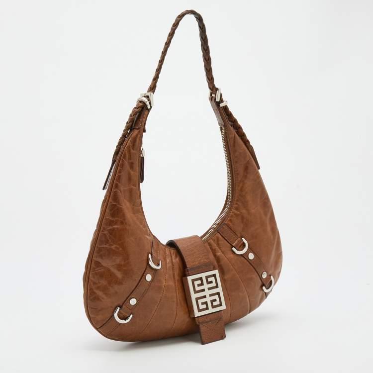 Pre Owned Givenchy Tan Leather Logo Buckle Hobo