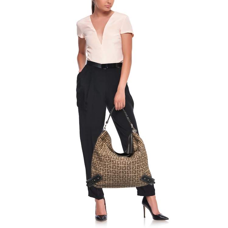 Pre Owned Givenchy Beige/Brown Signature Canvas and Leather Hobo