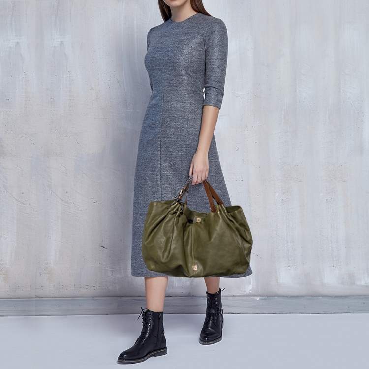 Pre Owned Givenchy Olive Green/Brown Leather Oversized Hobo