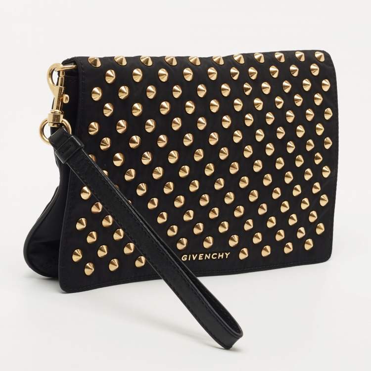 Pre Owned Givenchy Black Fabric and Leather Studded Flap Clutch