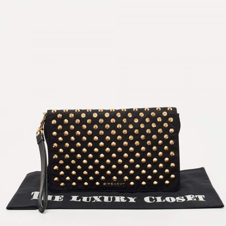 Pre Owned Givenchy Black Fabric and Leather Studded Flap Clutch