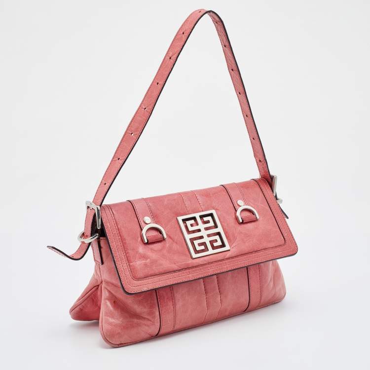 Pre Owned Givenchy Rose Pink Leather Logo Flap Baguette