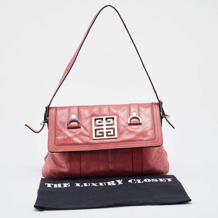 Pre Owned Givenchy Rose Pink Leather Logo Flap Baguette