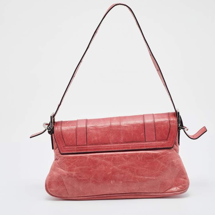 Pre Owned Givenchy Rose Pink Leather Logo Flap Baguette