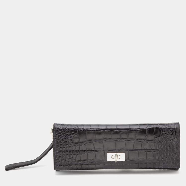 Pre Owned Givenchy Black Croc Embossed Leather Shark Tooth Long Wristlet Clutch