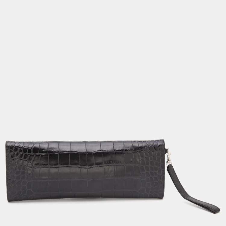 Pre Owned Givenchy Black Croc Embossed Leather Shark Tooth Long Wristlet Clutch