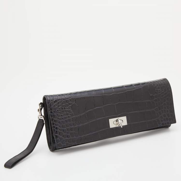 Pre Owned Givenchy Black Croc Embossed Leather Shark Tooth Long Wristlet Clutch