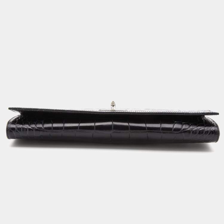 Pre Owned Givenchy Black Croc Embossed Leather Shark Tooth Long Wristlet Clutch