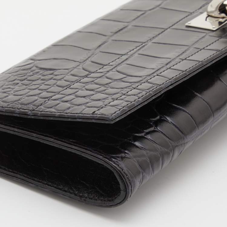Pre Owned Givenchy Black Croc Embossed Leather Shark Tooth Long Wristlet Clutch