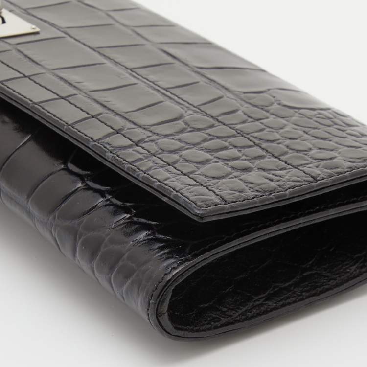 Pre Owned Givenchy Black Croc Embossed Leather Shark Tooth Long Wristlet Clutch