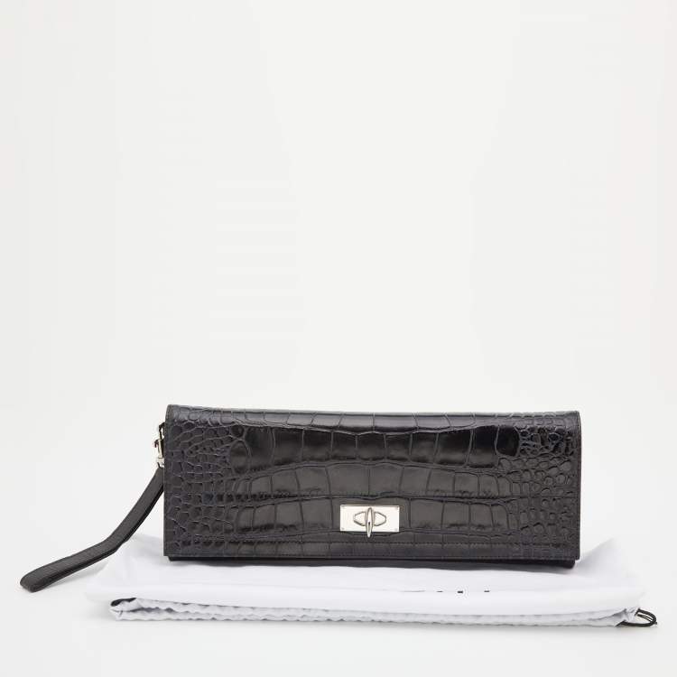 Pre Owned Givenchy Black Croc Embossed Leather Shark Tooth Long Wristlet Clutch