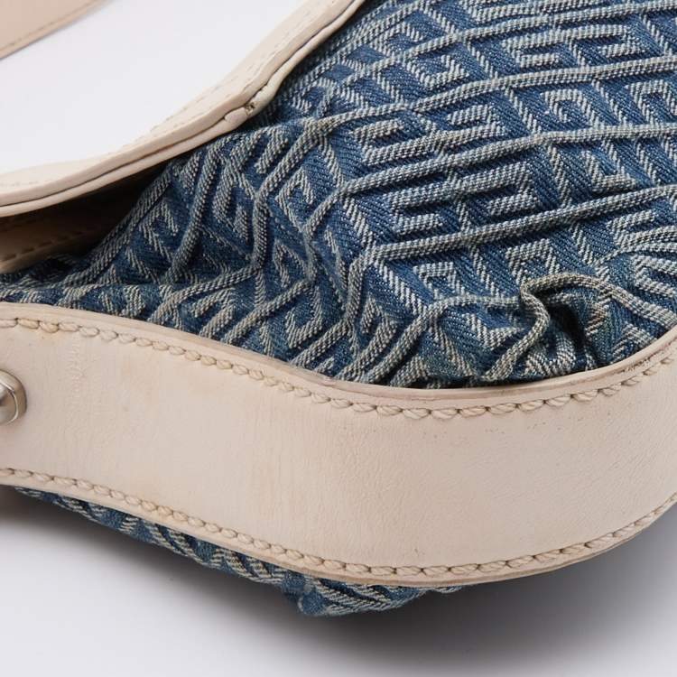 Pre Owned Givenchy White/Blue Leather and Monogram Denim Flap Baguette