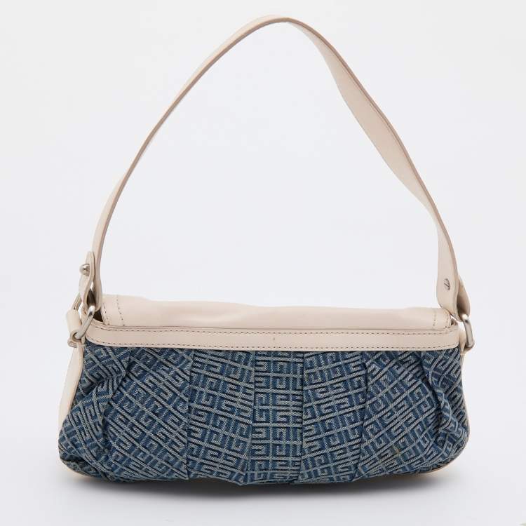Pre Owned Givenchy White/Blue Leather and Monogram Denim Flap Baguette
