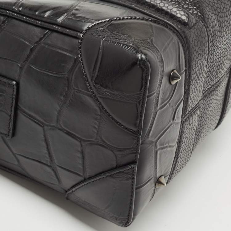 Pre Owned Givenchy Black Croc Embossed and Textured Leather Mini Lucrezia Duffel Bag