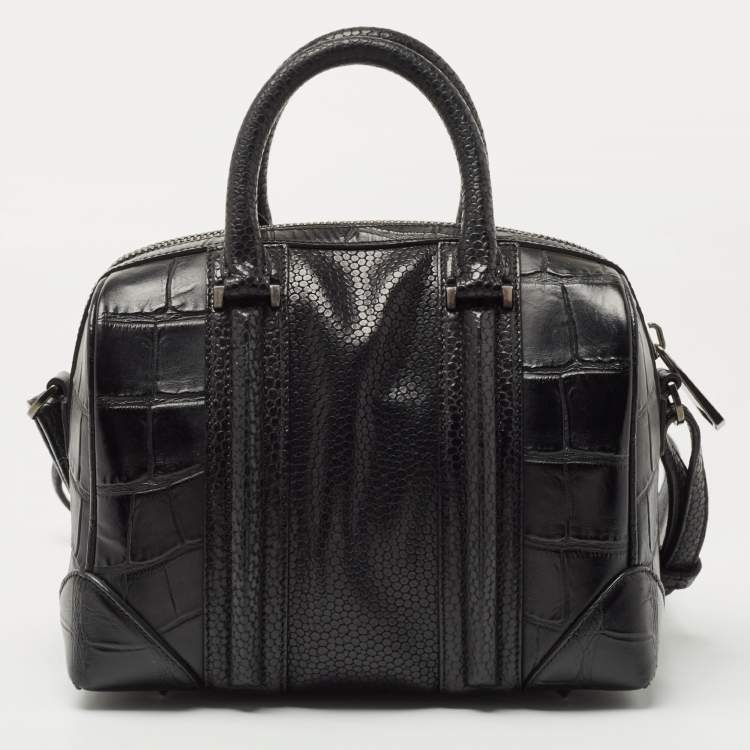 Pre Owned Givenchy Black Croc Embossed and Textured Leather Mini Lucrezia Duffel Bag