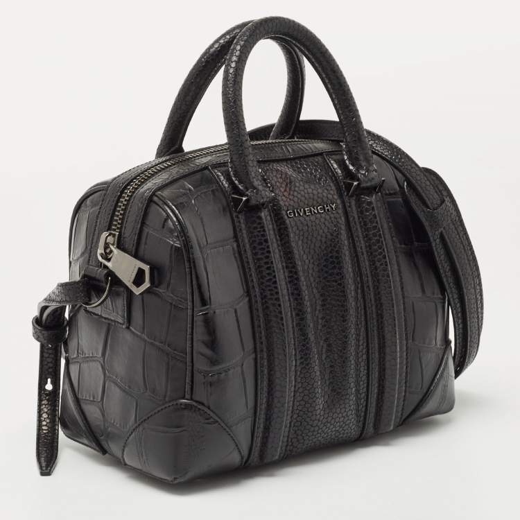 Pre Owned Givenchy Black Croc Embossed and Textured Leather Mini Lucrezia Duffel Bag