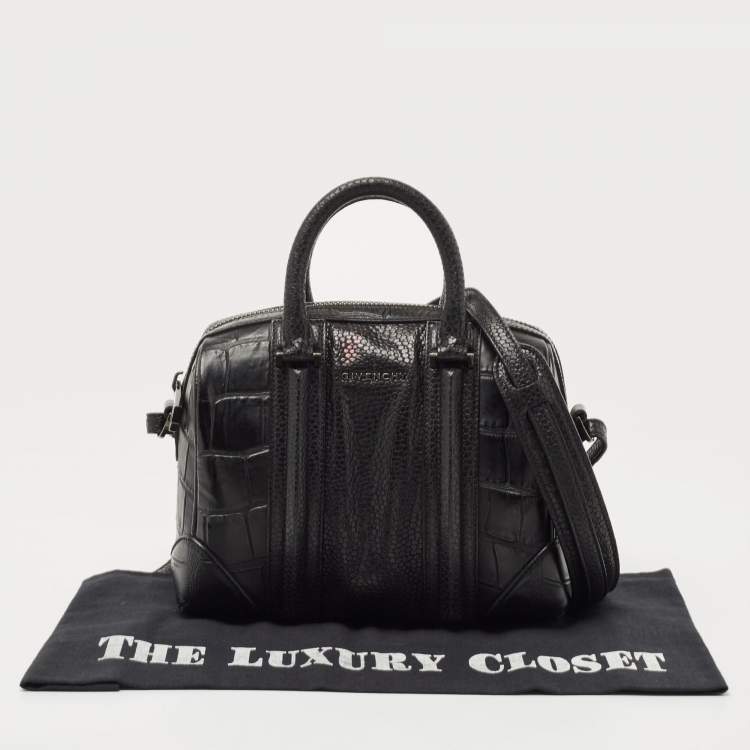 Pre Owned Givenchy Black Croc Embossed and Textured Leather Mini Lucrezia Duffel Bag