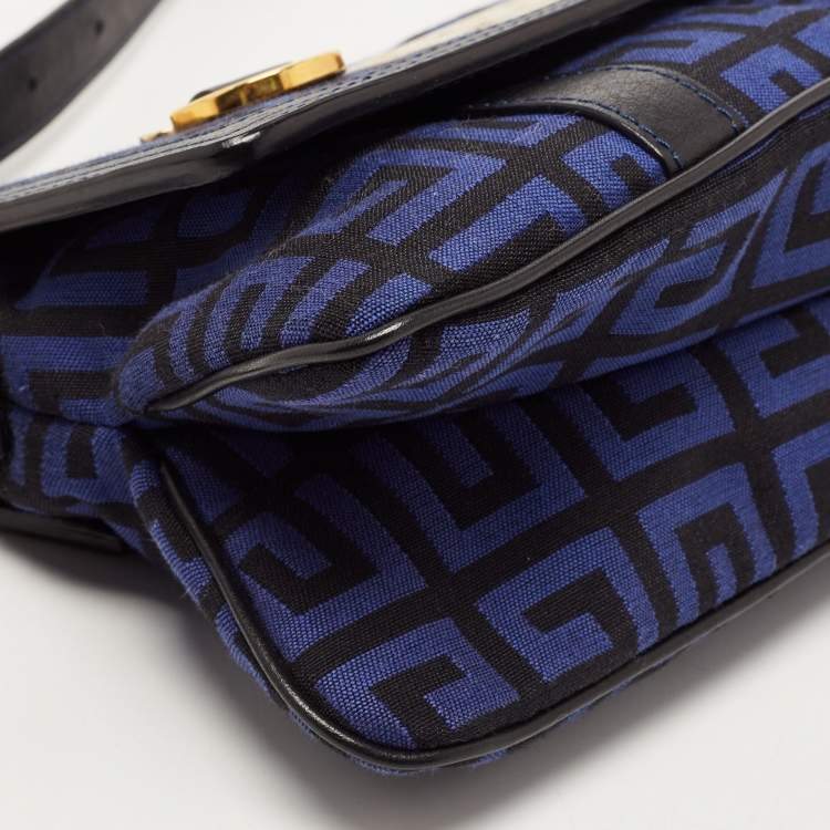 Pre Owned Givenchy Black/Blue Monogram Canvas and Leather Flap Baguette Bag