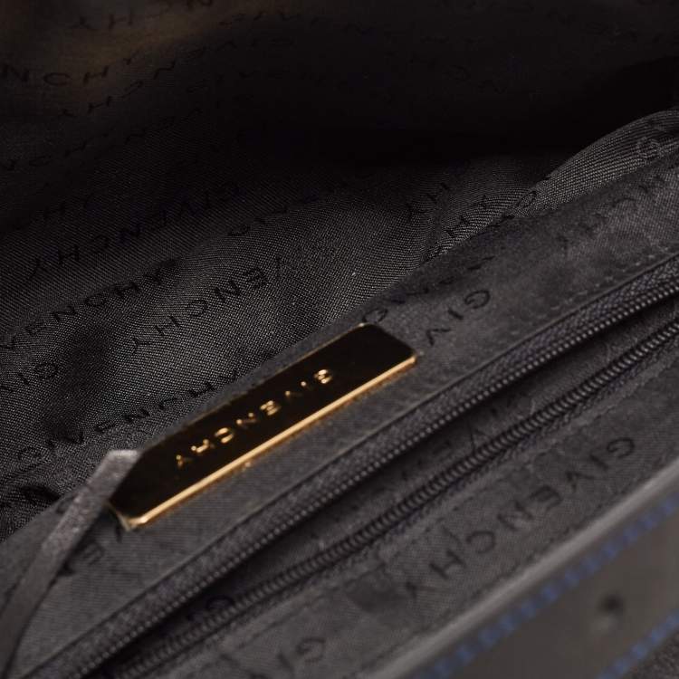 Pre Owned Givenchy Black/Blue Monogram Canvas and Leather Flap Baguette Bag