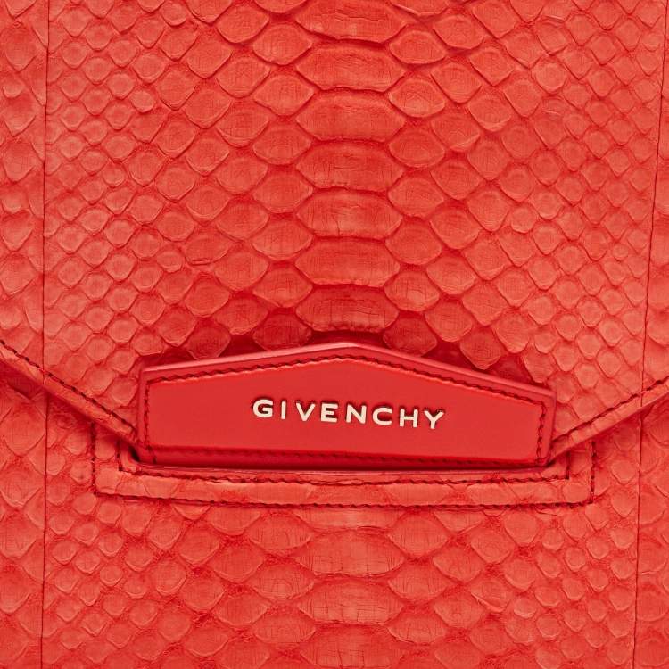 Pre Owned Givenchy Red Python Embossed Antigona Envelope Clutch