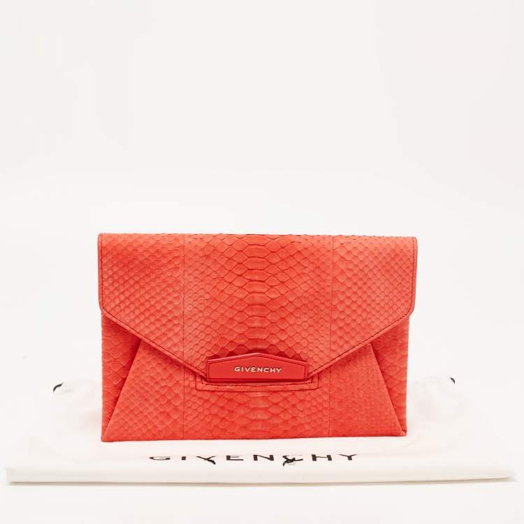 Pre Owned Givenchy Red Python Embossed Antigona Envelope Clutch