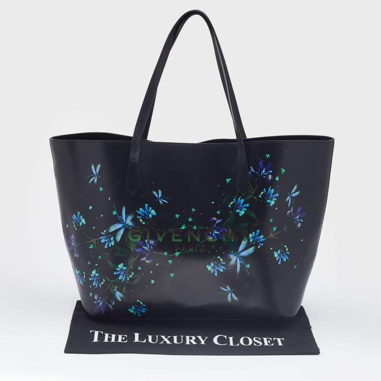 Pre Owned Givenchy Black/Blue Leather Floral Print Logo Tote 