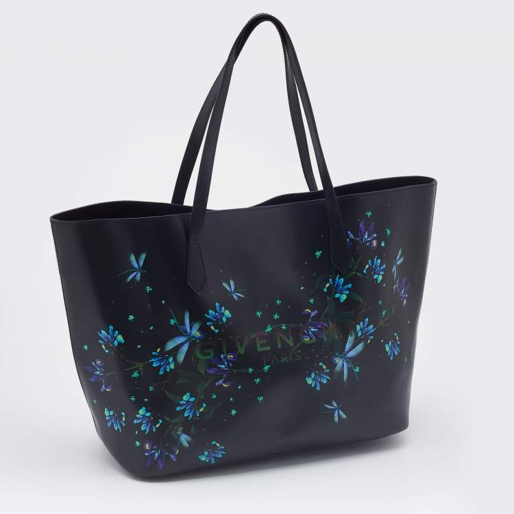 Pre Owned Givenchy Black/Blue Leather Floral Print Logo Tote 