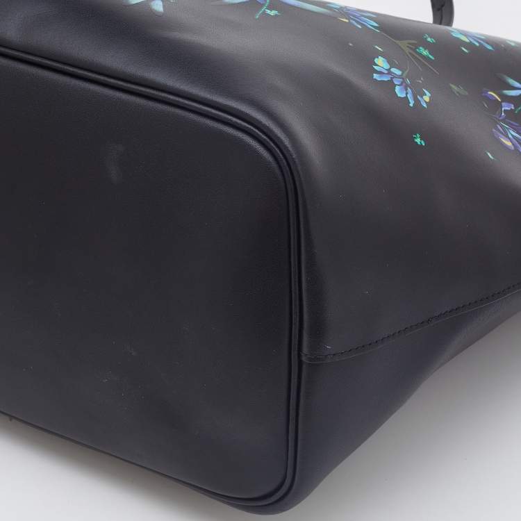 Pre Owned Givenchy Black/Blue Leather Floral Print Logo Tote 