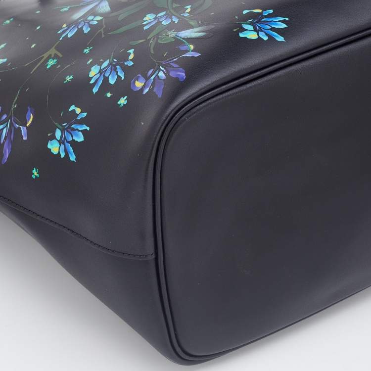 Pre Owned Givenchy Black/Blue Leather Floral Print Logo Tote 