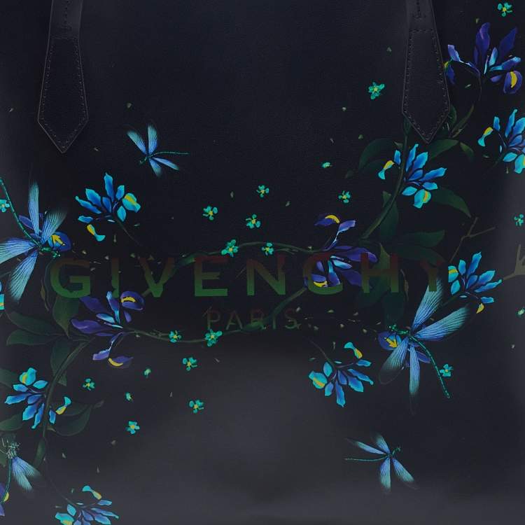 Pre Owned Givenchy Black/Blue Leather Floral Print Logo Tote 