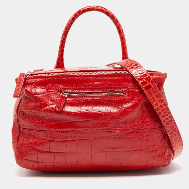 Pre Owned Givenchy Two Tone Red Croc Embossed Leather Medium Pandora Shoulder Bag