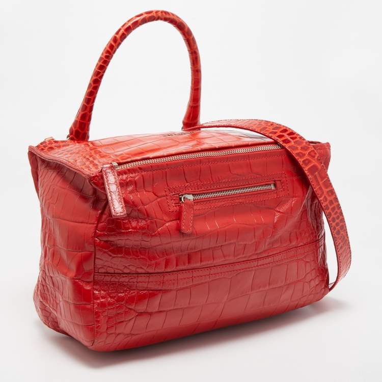 Pre Owned Givenchy Two Tone Red Croc Embossed Leather Medium Pandora Shoulder Bag