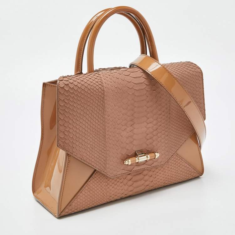 Pre Owned Givenchy Beige Watersnake Leather and Patent Leather Medium Obsedia Tote