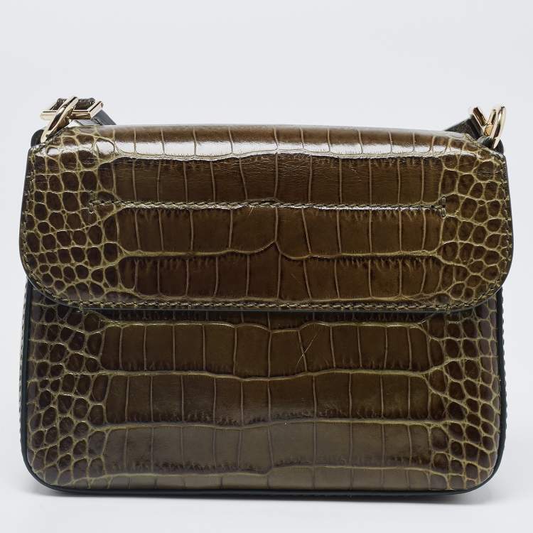 Pre Owned Givenchy Green Croc Embossed Leather Nobile Crossbody Bag