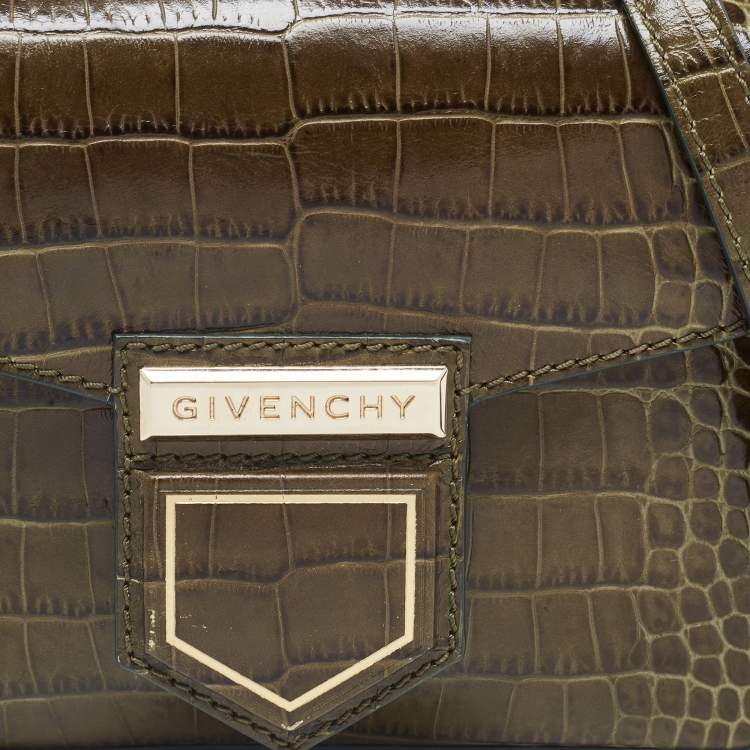 Pre Owned Givenchy Green Croc Embossed Leather Nobile Crossbody Bag