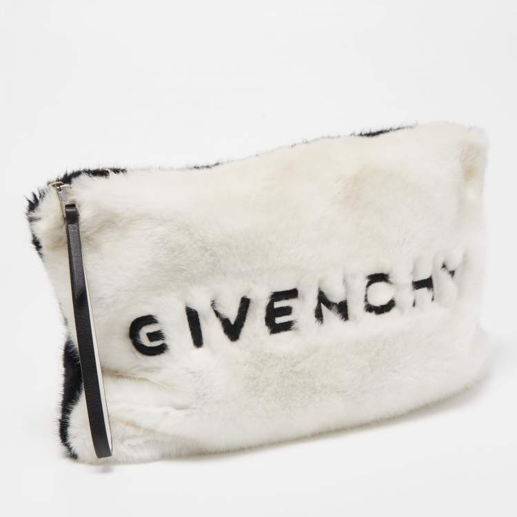 Pre Owned Givenchy White/Black Faux Fur GV3 Wristlet Pouch