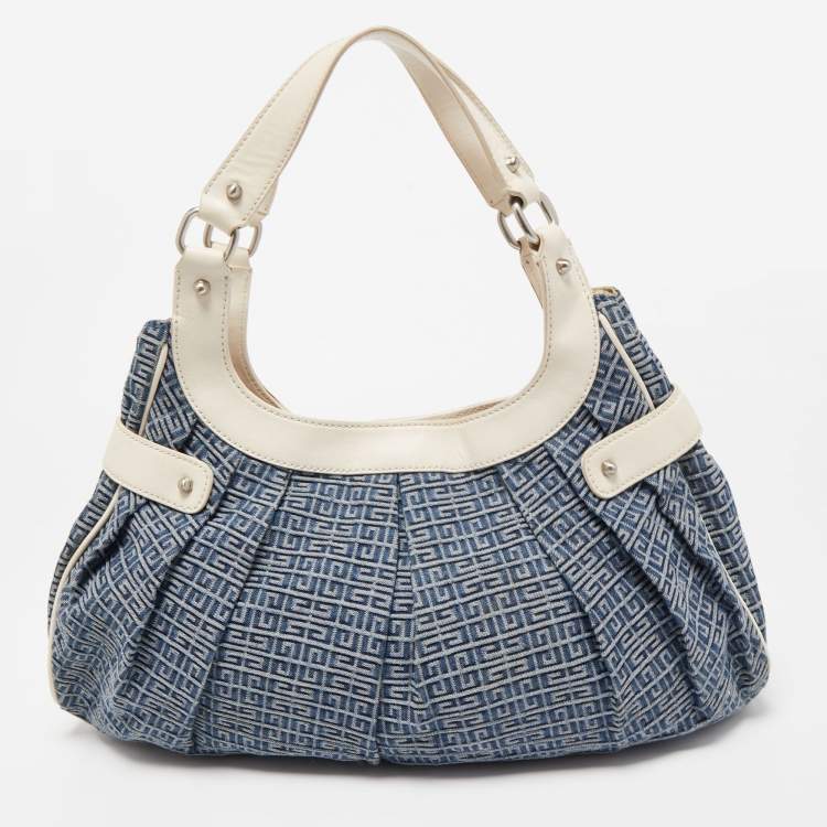 Pre Owned Givenchy Blue/White Monogram Denim and Leather Pleated Hobo