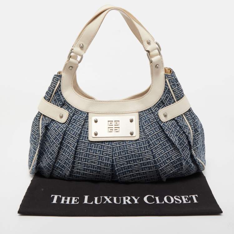 Pre Owned Givenchy Blue/White Monogram Denim and Leather Pleated Hobo