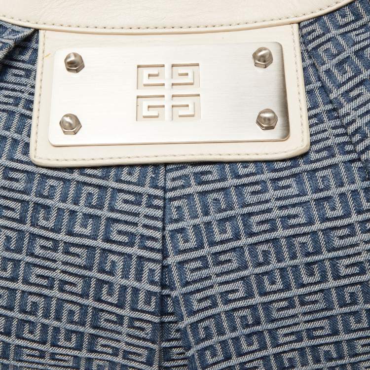 Pre Owned Givenchy Blue/White Monogram Denim and Leather Pleated Hobo