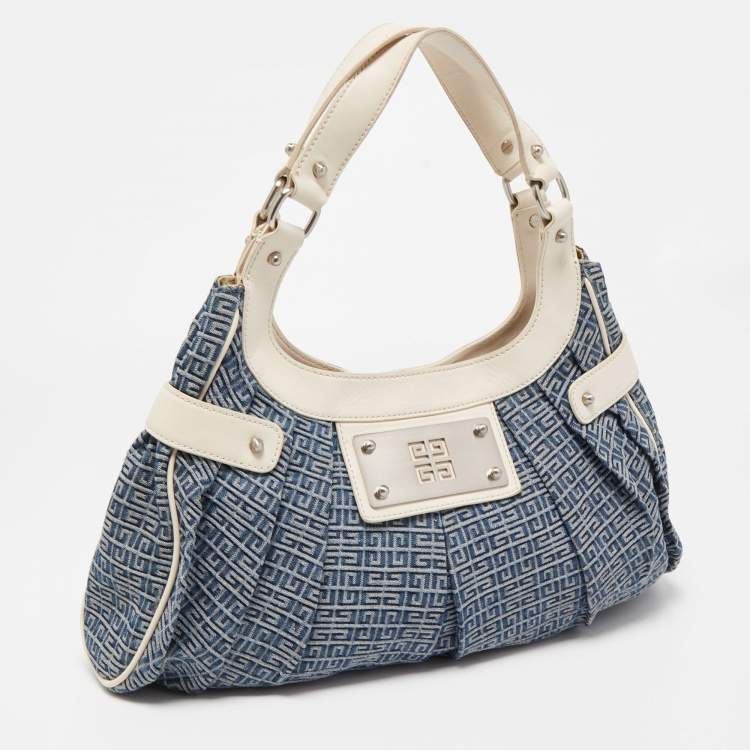 Pre Owned Givenchy Blue/White Monogram Denim and Leather Pleated Hobo