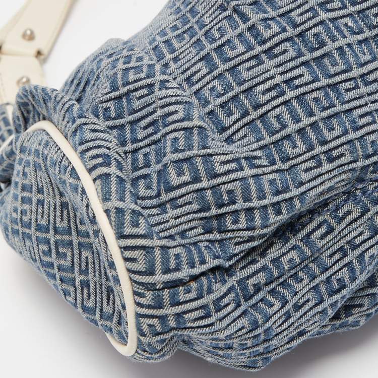Pre Owned Givenchy Blue/White Monogram Denim and Leather Pleated Hobo