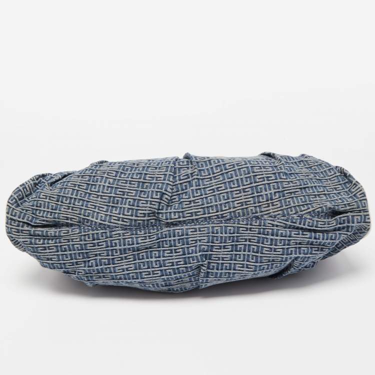 Pre Owned Givenchy Blue/White Monogram Denim and Leather Pleated Hobo