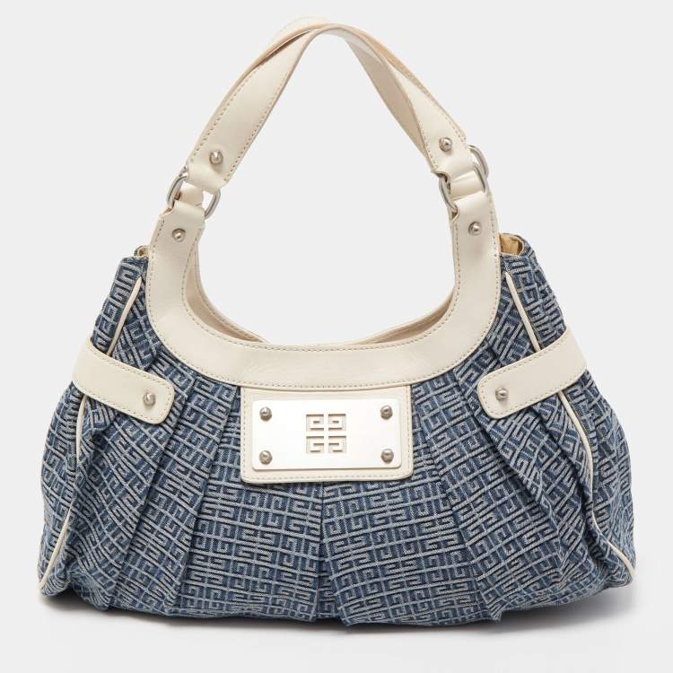 Pre Owned Givenchy Blue/White Monogram Denim and Leather Pleated Hobo