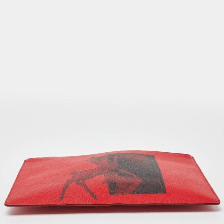 Pre Owned Givenchy Red Print Leather Flat Zip Pouch