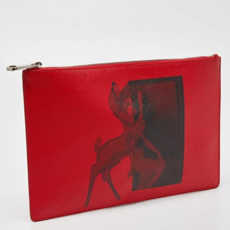 Pre Owned Givenchy Red Print Leather Flat Zip Pouch