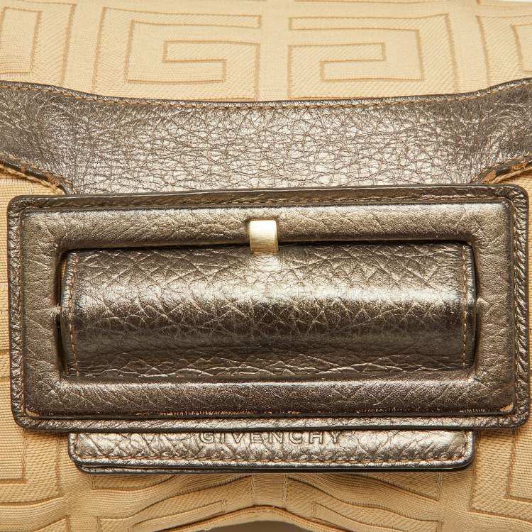 Pre Owned Givenchy Beige/Metallic Signature Canvas and Leather Top Handle Bag
