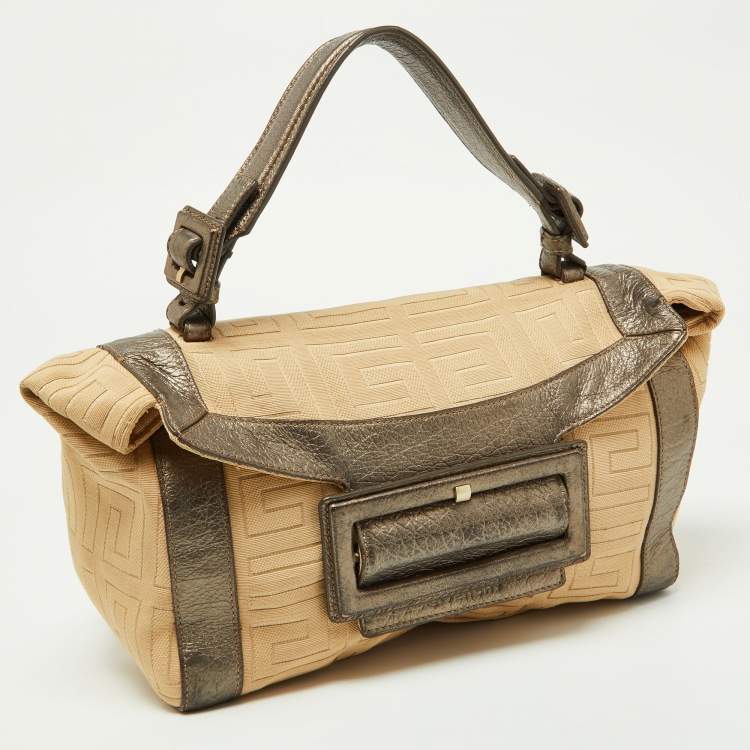 Pre Owned Givenchy Beige/Metallic Signature Canvas and Leather Top Handle Bag
