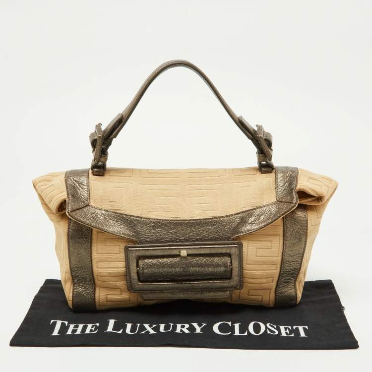 Pre Owned Givenchy Beige/Metallic Signature Canvas and Leather Top Handle Bag