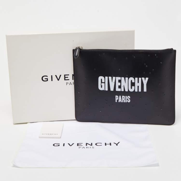 Pre Owned Givenchy Black/Logo  Leather Distressed Logo Zip Pouch