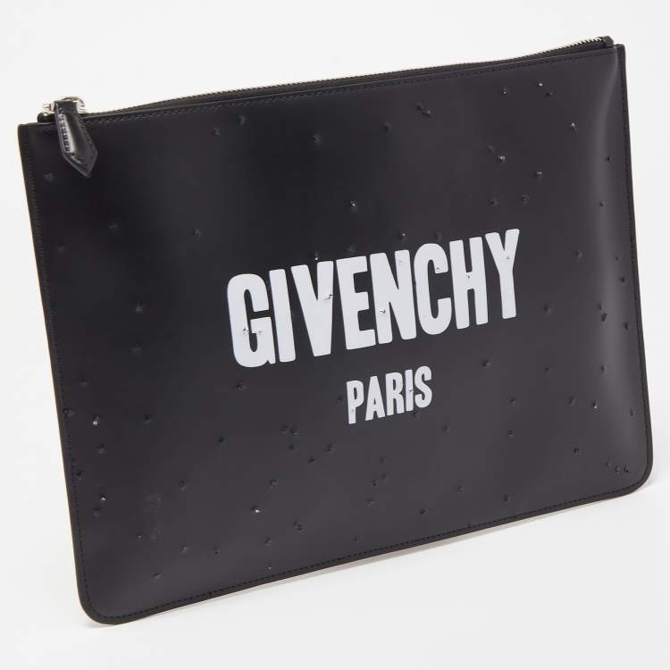 Pre Owned Givenchy Black/Logo  Leather Distressed Logo Zip Pouch